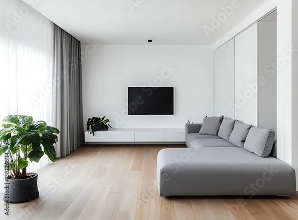 Fototapeta A modern living room in the Netherlands, with white walls and a wooden floor
