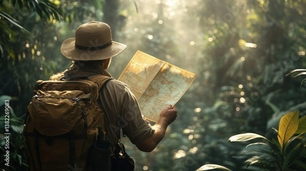 Obraz An explorer exploring the jungle with a map in hand