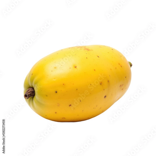 Obraz A single ripe yellow mango with small brown spots and a small stem.