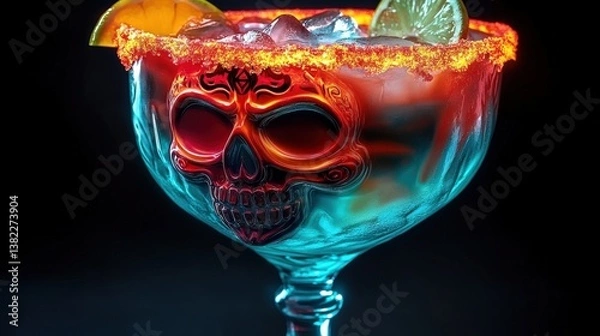 Fototapeta A vibrant cocktail served in a skull-shaped glass, decorated with orange and lime slices and a colorful rim, exemplifying a fun and festive mood.
