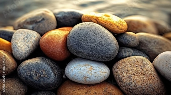 Obraz A beautiful composition of colorful pebbles rests harmoniously on a smooth surface, representing serenity and the intricate simplicity found in nature's designs.
