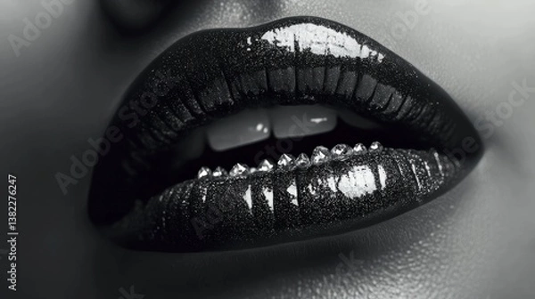 Fototapeta Close-up image of elegantly styled black gloss lips adorned with sparkling rhinestones, exuding a sense of glamour and sophistication in an artistic monochrome composition.