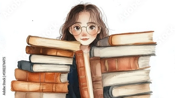 Fototapeta A young student with glasses peeks from behind a stack of books, embodying the spirit of learning, curiosity, and the joy of education in a warm, inviting environment.