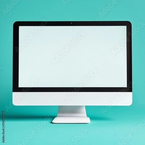Fototapeta Blank screen on modern desktop computer against bright teal background
