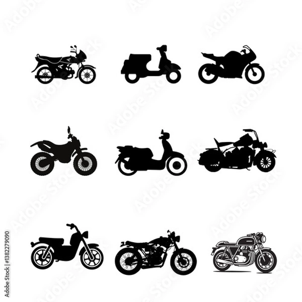 Obraz Motorcycle Type and Model icons Set. Vector black illustration isolated on white background with shadow.