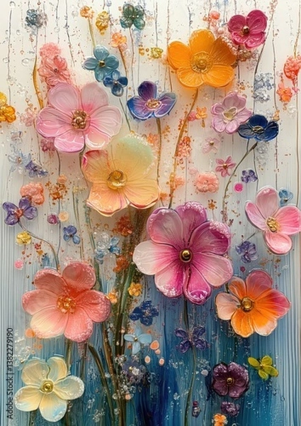 Fototapeta Colorful 3D flowers with gradient background and decorative elements. Artistic floral design with vibrant blooms.
