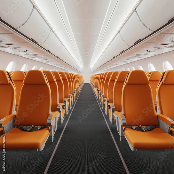 Fototapeta Rows of modern orange airplane seats isolated on white background. 3D Rendering