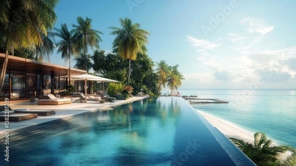 Fototapeta Idyllic beach resort with infinity pool, tropical scenery, and serene ocean view