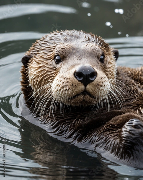 Fototapeta Critically Endangered Sea Otter Floating Peacefully in Open Ocean, Conservation Focus