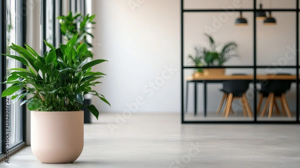 Fototapeta A modern, minimalistic interior featuring a large potted plant, expansive windows, and a stylish workspace in the background.