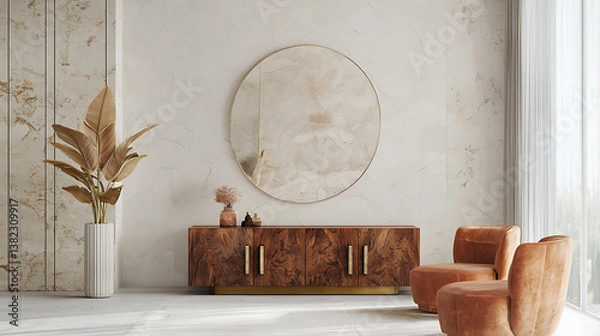 Fototapeta A living room with a wooden coffee table and two orange chairs