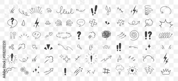 Fototapeta Anime Emotion effect. Collection of arrows, hearts and speech bubble. Doodle Vector illustration isolated on transparent background.