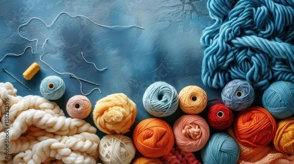 Obraz A colorful assortment of yarns and crafting tools arranged for knitting or crocheting.