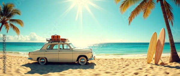Fototapeta Vintage Car on the Beach: A Rooftop Luggage Carrier Full of Travel Gear, Palm Tree and Surfboard Nearby.advertisement, banner, card,copy text space