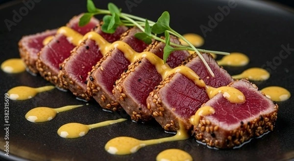 Fototapeta Tuna tataki with sesame crust for Asian fusion restaurants, sushi bar menus, Japanese cuisine blogs and seafood recipe websites