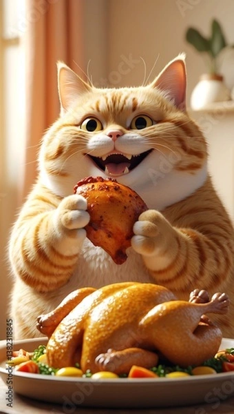Fototapeta a very chubby orange cat with a round belly, happily eating a large roasted chicken. The cat has an ecstatic expression on its face