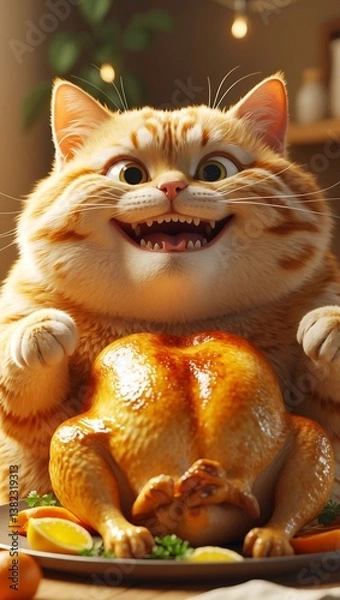 Fototapeta a very chubby orange cat with a round belly, happily eating a large roasted chicken. The cat has an ecstatic expression on its face