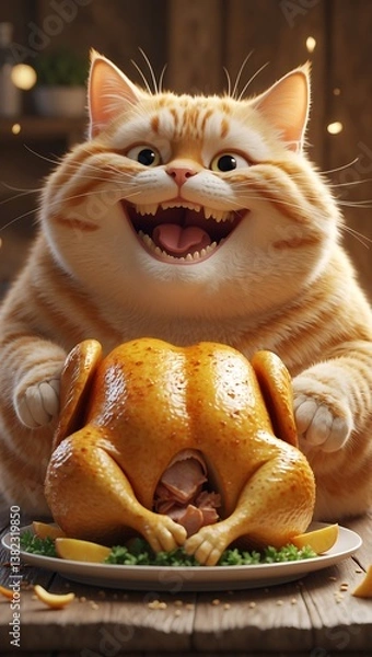 Fototapeta a very chubby orange cat with a round belly, happily eating a large roasted chicken. The cat has an ecstatic expression on its face