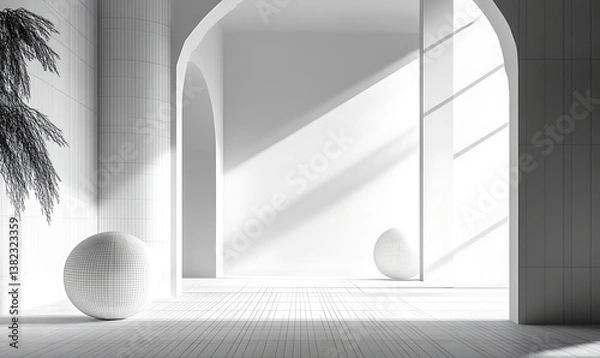 Fototapeta Black and white wireframe render of an abstract architectural background, featuring minimalist lines forming geometric shapes in the foreground with a monochromatic color scheme