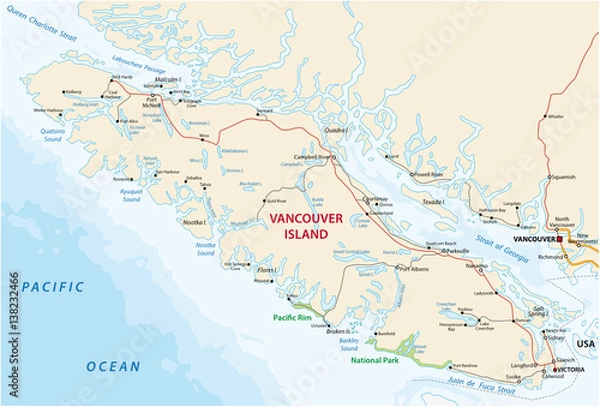 Fototapeta Mapa wektorowa wyspy kanady Wyspa Vancouver