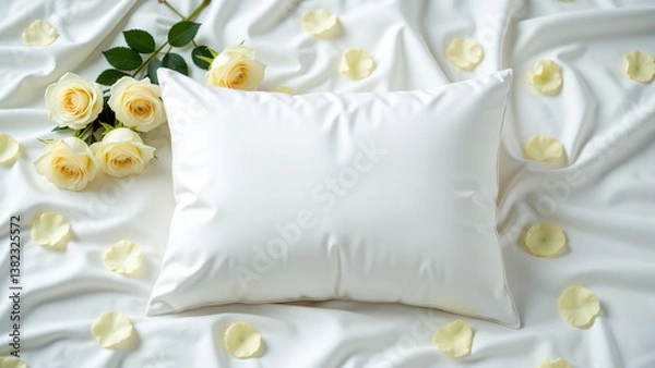 Fototapeta A White Pillow on a Bed Sheet with White Roses: Simple and Elegant
