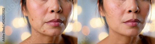 Obraz 40代日本人女性の肌のシミ　美容整形のビフォーアフターの比較　Generative AI
