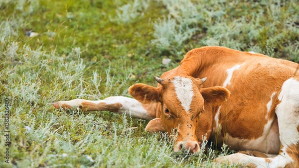 Fototapeta Spotted dairy cow relaxing on verdant grassland, basking in golden sunlight during peaceful farmland afternoon