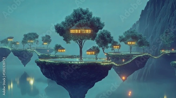 Obraz A surreal landscape of floating islands connected by glowing bridges pic