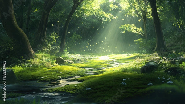 Fototapeta Sunlit mossy trail in forest