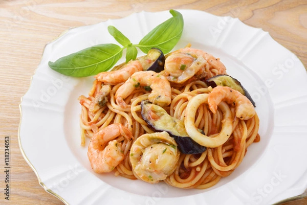 Fototapeta Seafood tomato sauce spaghetti