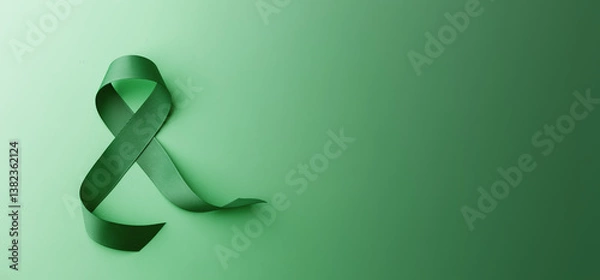 Fototapeta Mental Health Awareness Concept. Self Care, Positive Thinking, Happy and Optimistic Mind. a Green Ribbon lay on Green background. Table top view