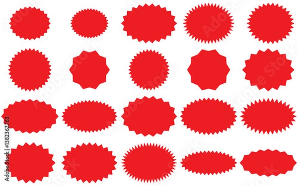 Obraz Starburst sale price stickers and labels, star and rosette, sunburst, callout and splash,
 stamp and tag badges. Isolated vector circle and oval red stickers