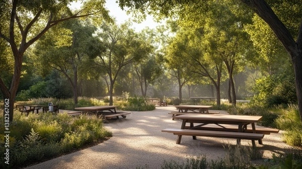 Obraz Sunny park scene with picnic tables and lush greenery, calm atmosphere. Suitable for nature, recreation, or outdoor activities themed designs.