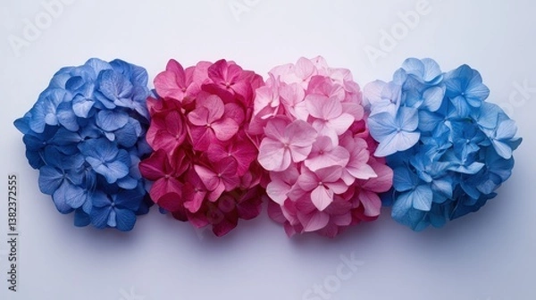 Fototapeta Four hydrangea flower heads, in hues of blue and pink, arranged horizontally. Ideal for backgrounds or designs related to nature and floral themes.