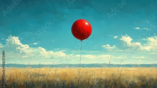 Fototapeta Solitary Ascent: A vibrant red balloon floats serenely against a canvas of cerulean skies and vast fields, symbolizing freedom, hope, and boundless potential.