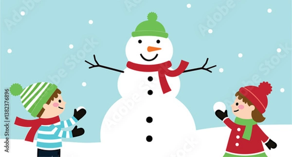 Fototapeta two children joyfully building a snowman on a snowy day