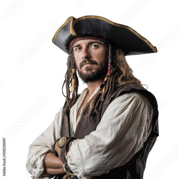 Fototapeta Portrait of a man dressed as a pirate with a hat and dreadlocks against a black background posing