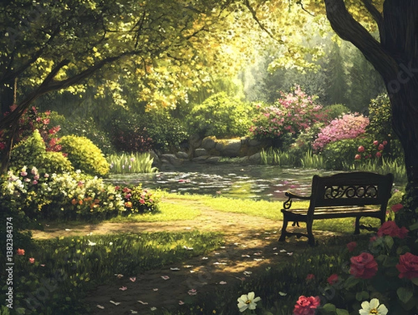 Obraz A serene garden scene with a pond, flowers, and a bench for relaxation.