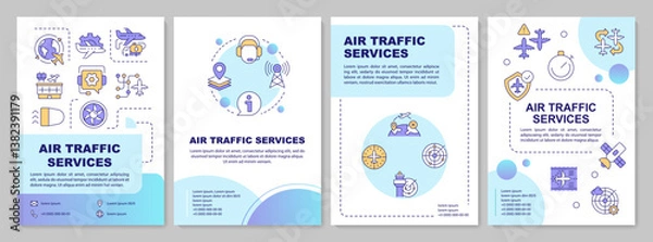 Fototapeta Air navigation technologies blue gradient brochure layout. Satellite technology, radar. Leaflet advertising design with color line icons. Editable 4 pages. Arial-Bold, Myriad Pro-Regular fonts used