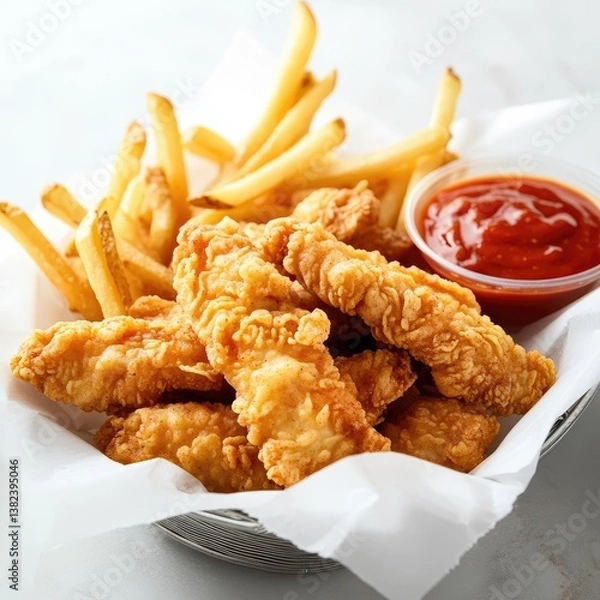 Obraz Crispy fried chicken tenders and fries with dipping sauce