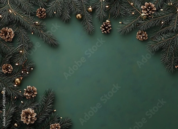 Fototapeta Christmas background with fir branches and Christmas decorations on a green background