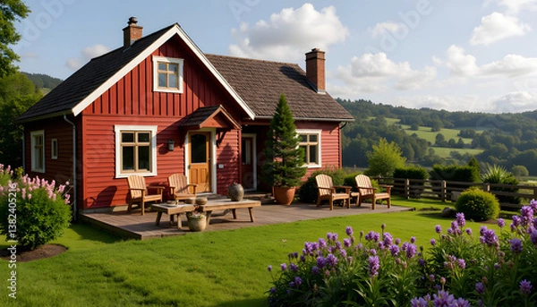 Fototapeta Cozy Summer Cottage Surrounded by Blooming Flowers and Greenery  