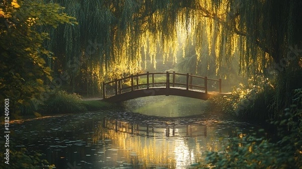 Fototapeta A wooden bridge across a pond beneath weeping willow trees