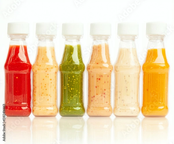 Fototapeta Six transparent bottles filled with colorful sauces and dressings stand in a row against a white background. The vibrant selection showcases a variety of flavors, perfect for cooking and seasoning.