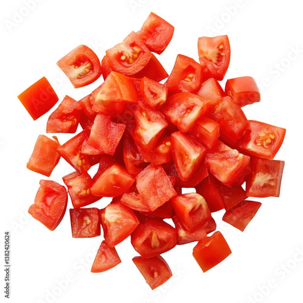 Fototapeta A top view of a pile of diced red tomatoes on a black background with visible seeds and juice sacs