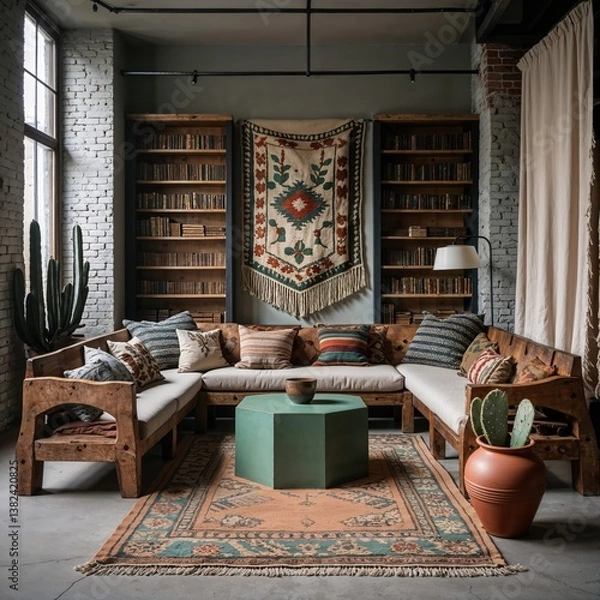 Fototapeta Generative AI, Folk-style loft living room with rustic wood sofa