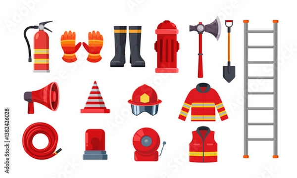 Obraz Firefighter equipments vector illustration set