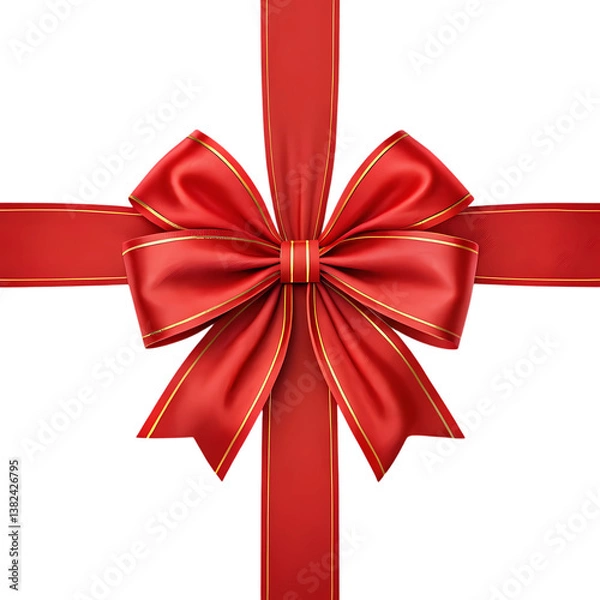 Fototapeta  large red ribbon bow in the centre of a long straight piece of ribbon to be used as a birthday or Christmas banner, border isolated 