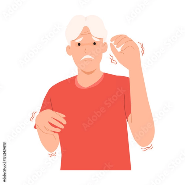 Fototapeta Vector illustration of an old man showing tremor, a symbol of Parkinson's disease and essential tremor. Symptoms are slow movement and muscle stiffness.