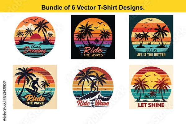 Fototapeta Bundle of 6 Vector TShirt Designs Beach Palm Trees and Vintage Sunset
